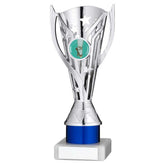 SILVER/BLUE PLASTIC 'FLASH' CUP ASSEMBLED ON MARBLE (1in CEN) - 8in